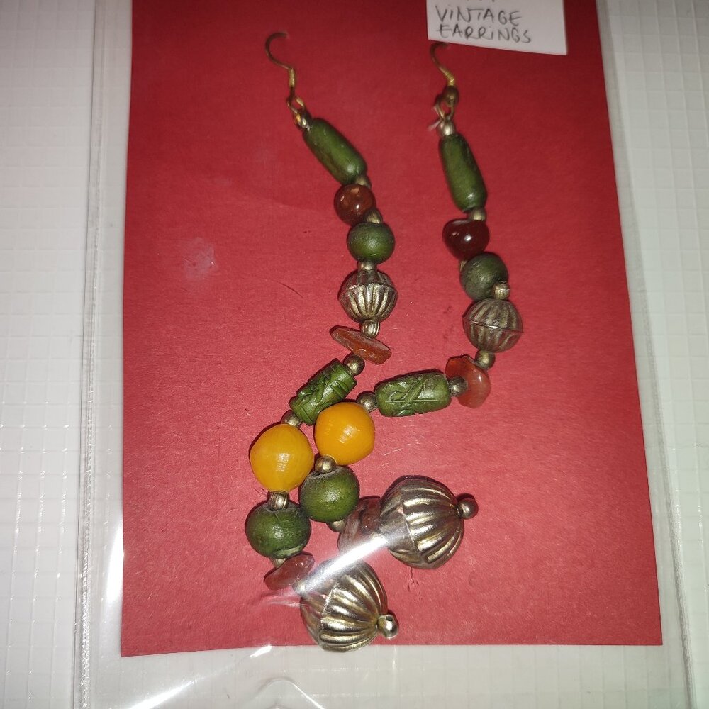 Extra long Boho Earrings Vintage Green Yellow Beads Stones Bohemian academia